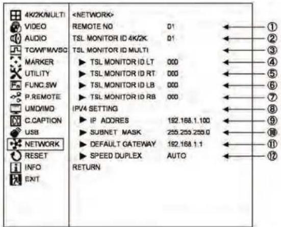 4K/2K/MULTI VIDEO AUDIO TCW/FM/VSC MARKER UTILITY FUNC.SW P.REMOTE UND/IMD C.CAPTION USB NETWORK RESET INFO EXIT REMOTE NO 01 TSL MONITOR ID 4K/2K 01 TSL MONITOR ID MULTI ► TSL MONITOR ID LT 000 ► TSL MONITOR ID RT 000 ► TSL MONITOR ID LB 000 ► TSL MONITOR ID RB 000 IPV4 SETTING ► IP ADDRES 192.168.1.100 ► SUBNET MASK 255.255.255.0 ► DEFAULT GATEWAY 192.168.1.1 ► SPEED DUPLEX AUTO RETURN