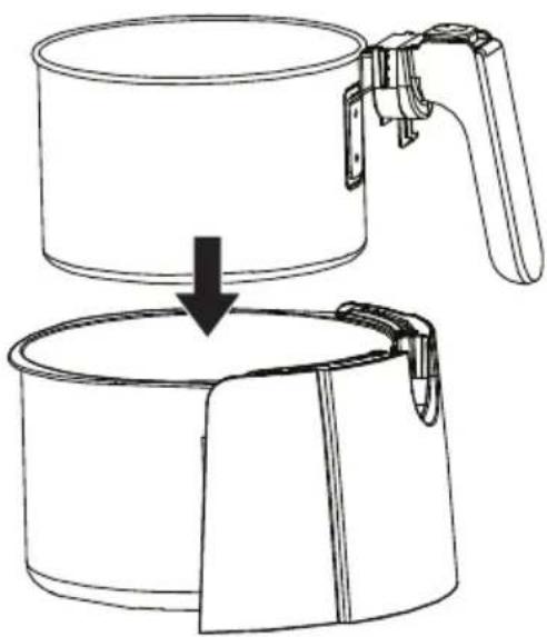 Line drawing of a coffee cup being placed on its side, showing the lid and handle (no text or symbols)