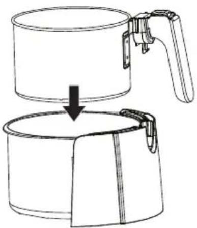 Line drawing of a cup being folded or placed down, showing top and side views (no text or symbols)