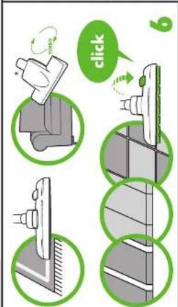 Illustration showing four steps of a bathroom or furniture repair procedure with icons and a 'click' speech bubble.