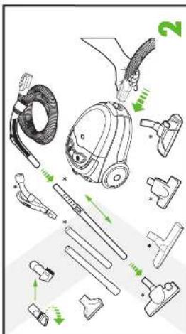 Diagram showing exploded view of a vacuum cleaner with labeled parts and green directional arrows indicating motion or assembly.