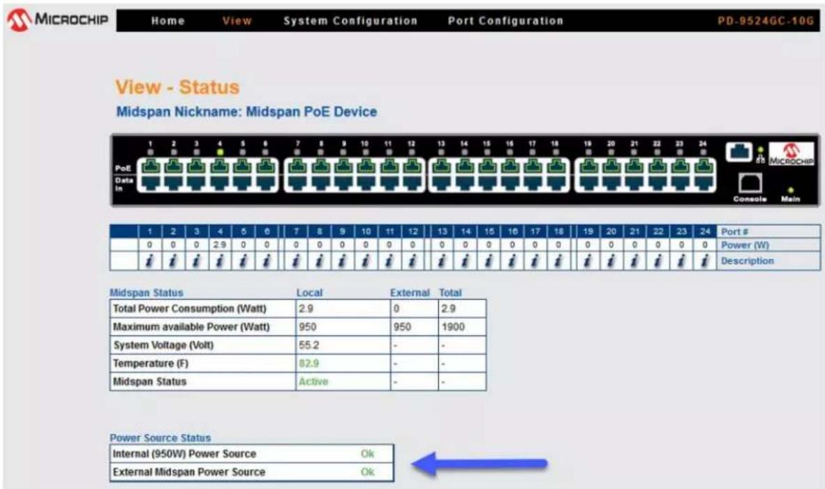 MICROCHIP Home View System Configuration Port Configuration PD-9524GC-10G View - Status Midspan Nickname: Midspan PoE Device PoE Data In 1 2 3 4 5 6 7 8 9 10 11 12 13 14 15 16 17 18 19 20 21 22 23 24 Console Main 1 2 3 4 5 6 7 8 9 10 11 12 13 14 15 16 17 18 19 20 21 22 23 24 Port # 0 0 0 2.9 0 0 0 0 0 0 0 0 0 0 0 0 0 0 0 0 Power (W) # # # # # # # # # # # # # # # # # # # # # # # # # # # # # # # # # # # # # # # # # # # # # # # # # # # # # # # # # # # # # # # # # # # # # # # # # # # # # # # # # # # # # # # # # # # # # # # # # # # # Power (W) Description Midspan Status Local External Total Total Power Consumption (Watt) 2.9 0 2.9 Maximum available Power (Watt) 950 950 1900 System Voltage (Volt) 55.2 - - Temperature (F) 82.9 - - Midspan Status Active - - Power Source Status Internal (950W) Power Source Ok External Midspan Power Source Ok
