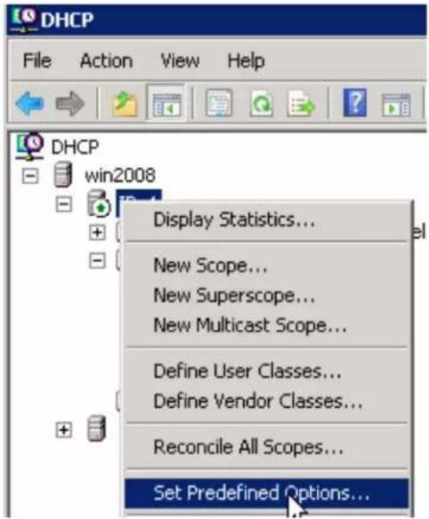 DHCP File Action View Help DHCP win2008 Display Statistics... New Scope... New Superscope... New Multicast Scope... Define User Classes... Define Vendor Classes... Reconcile All Scopes... Set Predefined Options...