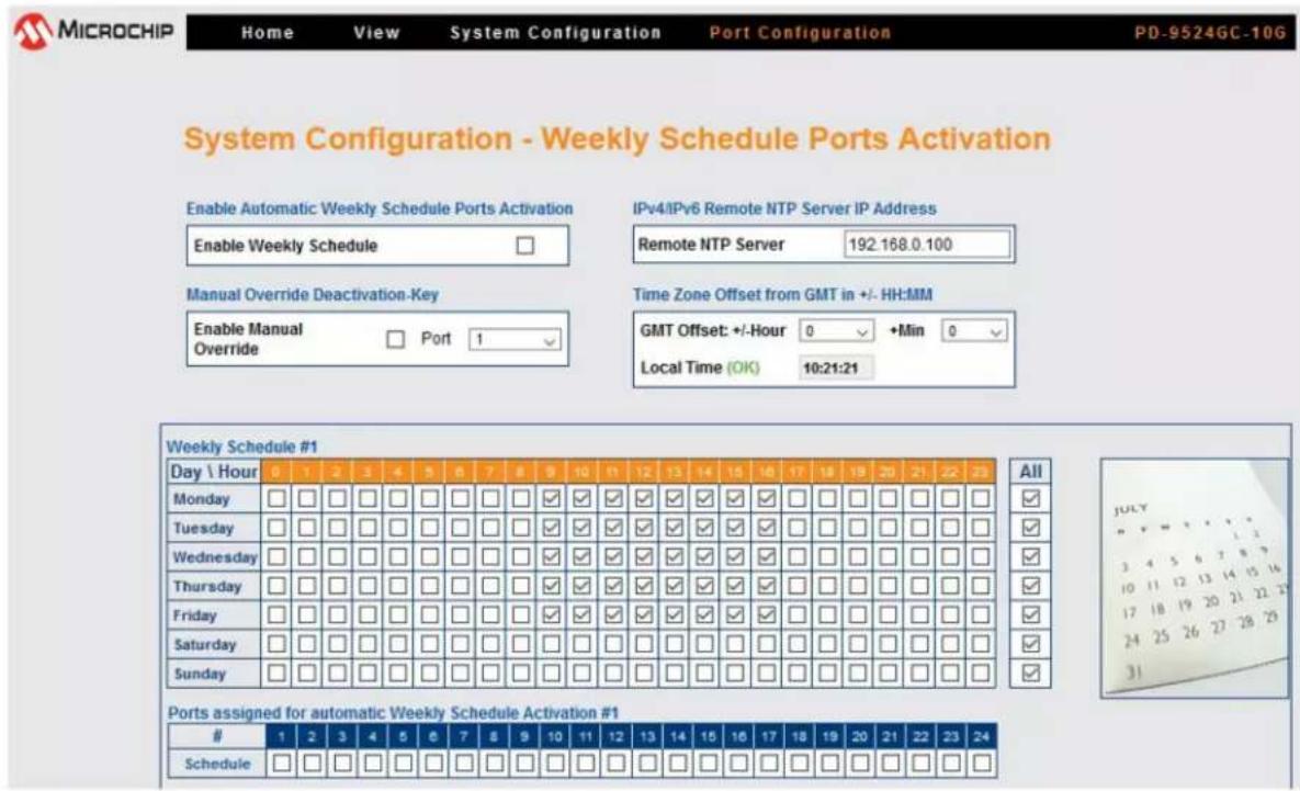 MICROCHIP Home View System Configuration Port Configuration PD-9524GC-10G System Configuration - Weekly Schedule Ports Activation Enable Automatic Weekly Schedule Ports Activation Enable Weekly Schedule IPv4/IPv6 Remote NTP Server IP Address Remote NTP Server 192.168.0.100 Manual Override Deactivation-Key Enable Manual Override Port 1 Time Zone Offset from GMT in +/- HH:MM GMT Offset: +/-Hour 0 Min 0 Local Time (OK) 10:21:21 Weekly Schedule #1 Day \ Hour 0 1 2 3 4 5 6 7 8 9 10 11 12 13 14 15 16 17 18 19 20 21 22 23 All Monday □ □ □ □ □ □ □ □ □ □ ☑ ☑ ☑ ☑ ☑ ☑ ☑ ☑ ☑ □ □ □ □ □ □ ☑ Tuesday □ □ □ □ □ □ □ □ □ ☑ ☑ ☑ ☑ ☑ ☑ ☑ ☑ ☑ ☑ □ □ □ □ □ □ ☑ Wednesday □ □ □ □ □ □ □ □ □ ☑ ☑ ☑ ☑ ☑ ☑ ☑ ☑ ☑ □ □ □ □ □ □ ☑ Thursday □ □ □ □ □ □ □ □ □ ☑ ☑ ☑ ☑ ☑ ☑ ☑ ☑ □ □ □ □ □ □ ☑ Friday □ □ □ □ □ □ □ □ ☑ ☑ ☑ ☑ ☑ ☑ ☑ ☑ □ □ □ □ □ □ ☑ Saturday □ □ □ □ □ □ □ □ □ □ ☐ □ □ □ □ □ □ □ □ □ □ ☐ Sunday □ □ □ □ □ □ □ □ □ □ □ □ □ □ □ □ □ □ □ ☐ Ports assigned for automatic Weekly Schedule Activation #1 1 2 3 4 5 6 7 8 9 10 11 12 13 14 15 16 17 18 19 20 21 22 23 24 Schedule □ □ □ □ □ □ □ □ □ □ □ □ □ □ □ □□□□□□□□□□□□□□□□□□□□□□□□□□□□□□□□□□□□□□□□□□□□□□□□□□□□□□□□□□□□□□□□□□□□□□□□□□□□□□□□□□□□□□□□□□□□□□□□□□□□□○JULY 3 4 5 6 7 8 9 10 11 12 13 14 15 16 17 18 19 20 21 22 23 24 25 26 27 28 29 31