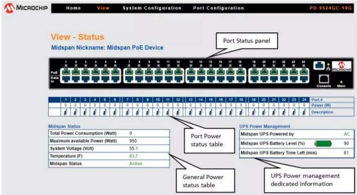 MICROCHIP Home View System Configuration Port Configuration PD-9524GC-10G View - Status Midspan Nickname: Midspan PoE Device Port Status panel PoE Data In 1 2 3 4 5 6 7 8 9 10 11 12 13 14 15 16 17 18 19 20 21 22 23 24 Microchip Console Main 1 2 3 4 5 6 7 8 9 10 11 12 13 14 15 16 17 18 19 20 21 22 23 24 Port # 0 0 0 0 0 0 0 0 0 0 0 0 0 0 0 0 0 0 0 Power (W) Description Midspan Status Total Power Consumption (Watt) 0 Maximum available Power (Watt) 950 System Voltage (Volt) 55.1 Temperature (F) 83.7 Midspan Status Active Port Power status table General Power status table UPS Power Management Midspan UPS Powered by AC Midspan UPS Battery Level (%) 90 Midspan UPS Battery Time Left (min) 61 UPS Power management dedicated information