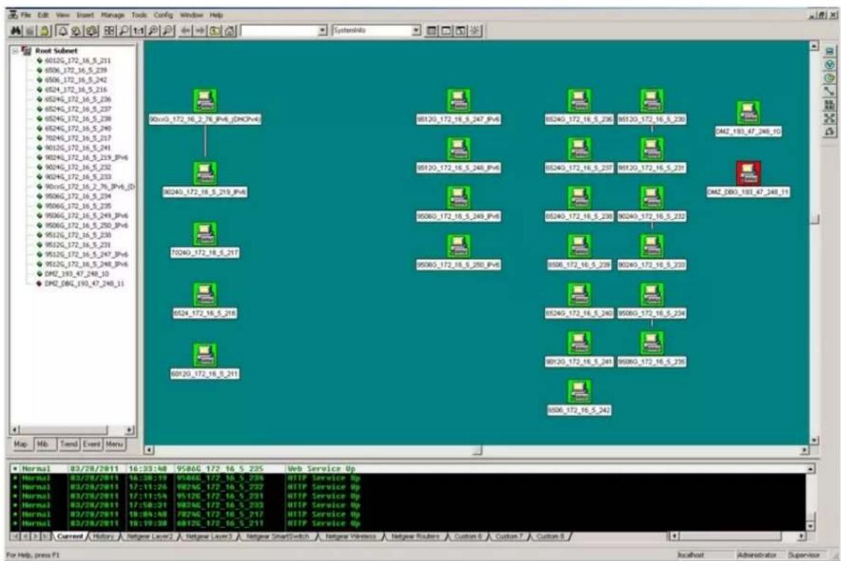 File Edit View Insert Manage Tools Config Window Help SystemInfo Root Subset 6032G_172_16_S_211 6506_172_16_S_239 6506_172_16_S_242 6524G_172_16_S_216 6524G_172_16_S_236 6524G_172_16_S_237 6524G_172_16_S_238 6524G_172_16_S_240 7024G_172_16_S_217 9032G_172_16_S_241 9032G_172_16_S_219_PV6 9032G_172_16_S_232 9032G_172_16_S_233 9032G_172_16_S_276_PV6_ID 9506G_172_16_S_234 9506G_172_16_S_235 9506G_172_16_S_249_PV6 9506G_172_16_S_250_PV6 9532G_172_16_S_230 9532G_172_16_S_231 9532G_172_16_S_247_PV6 9532G_172_16_S_248_PV6 D4Z_193_47_248_10 D4Z_D80_G 193_47_248_11 Map Mb Trend Event Menu Normal 03/28/2011 16:33:48 9586G 172 16 S 235 Web Service Up Normal 03/28/2011 16:38:39 9586G 172 16 S 236 HTTP Service Up Normal 03/28/2011 17:11:26 9586G 172 16 S 237 HTTP Service Up Normal 03/28/2011 17:11:54 9586G 172 16 S 238 HTTP Service Up Normal 03/28/2011 17:58:31 9586G 172 16 S 239 HTTP Service Up Normal 03/28/2011 18:04:58 9586G 172 16 S 240 HTTP Service Up Normal 03/28/2011 18:09:58 9586G 172 16 S 241 HTTP Service Up Current History Netgear Layer Network Smart Switch Network Wireless Network Routers Custom 6 Custom 7 Custom 8 For Help, press F1 LocHost Administrator Supervisor