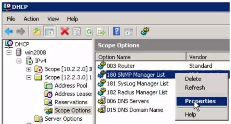 DHCP File Action View Help DHCP win2008 IPv4 Scope [10.2.2.0] II Scope [12.2.3.0] 1 Address Pool Address Lease: Reservations Scope Options Server Options Scope Options Option Name Vendor 003 Router Standard 180 SNMP Manager List Delete 181 SysLog Manager List Refresh 182 Radius Manager List Properties 006 DNS Servers 015 DNS Domain Name Help