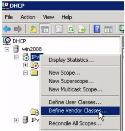 DHCP File Action View Help DHCP win2008 IPv Display Statistics... New Scope... New Superscope... New Multicast Scope... Define User Classes... Define Vendor Classes... Reconcile All Scopes...