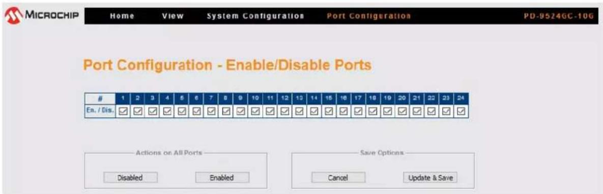 MICROCHIP Home View System Configuration Port Configuration PD-9524GC-10G Port Configuration - Enable/Disable Ports 1 2 3 4 5 6 7 8 9 10 11 12 13 14 15 16 17 18 19 20 21 22 23 24 En. / Dis. ✓ ✓ ✓ ✓ ✓ ✓ ✓ ✓ ✓ ✓ ✓ ✓ ✓ ✓ ✓ ✓ ✓ ✓ ✓ ✓ ✓ ✓ ✓ ✓ ✓ ✓ ✓ ✓ ✓ ✓ ✓ ✓ ✓ ✓ ✓ ✓ ✓ ✓ ✓ ✓ ✓ ✓ ✓ ✓ ✓ ✓ ✓ ✓ ✓ ✓ ✓ ✓ ✓ ✓ ✓ ✓ ✓ ✓ ✓ ✓ ✓ ✓ ✓ ✓ ✓ ✓ ✓ ✓ ✓ ✓ ✓ ✓ ✓ ✓ ✓ ✓ ✓ ✓ ✓ ✓ ✓ ✓ ✓ ✓ ✓ ✓ ✓ ✓ ✓ ✓ ✓ ✓ ✓ ✓ ✓ ✓ ✓ ✓ ✓ ✓✓ Actions on All Ports Disabled Enabled Save Options Cancel Update & Save