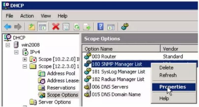 DHCP File Action View Help DHCP win2008 IPv4 Scope [10.2.2.0] II Scope [12.2.3.0] 1 Address Pool Address Lease: Reservations Scope Options Server Options Scope Options Option Name Vendor 003 Router Standard 180 SNMP Manager List Delete 181 SysLog Manager List Refresh 182 Radius Manager List Properties 006 DNS Servers Help