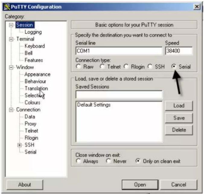PuTTY Configuration Category: Session Logging Terminal Keyboard Bell Features Window Appearance Behaviour Translation Selecting Colours Connection Data Proxy Telnet Rlogin SSH Serial Basic options for your PuTTY session Specify the destination you want to connect to Serial line Speed COM1 38400 Connection type: Raw Telnet Rlogin SSH Serial Load, save or delete a stored session Saved Sessions Default Settings Load Save Delete Close window on exit: Always Never Only on clean exit About Open Cancel