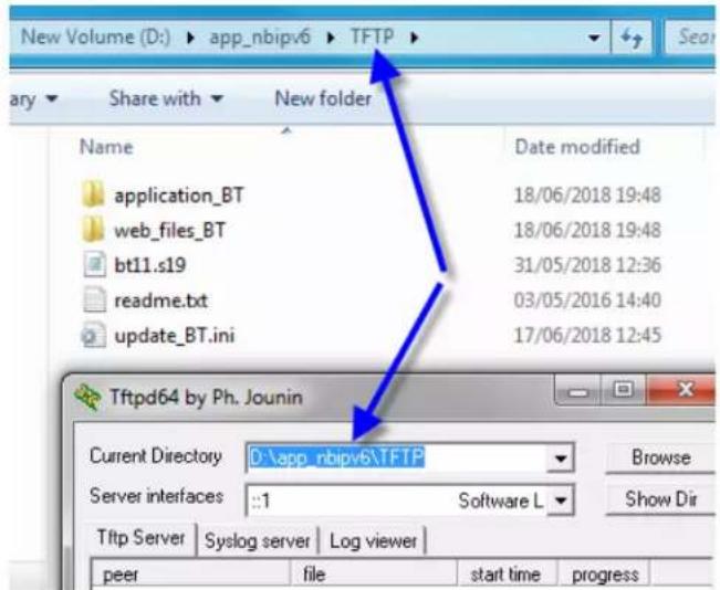 New Volume (D:) ▶ app_nbipv6 ▶ TFTP ▶ Share with ▶ New folder Name Date modified application_BT 18/06/2018 19:48 web_files_BT 18/06/2018 19:48 bt11.s19 31/05/2018 12:36 readme.txt 03/05/2016 14:40 update_BT.ini 17/06/2018 12:45 Tftpd64 by Ph. Jounin Current Directory D:\app_nbipv6\TFTP Browse Server interfaces ::1 Software L Show Dir Tftp Server Syslog server Log viewer peer file start time progress