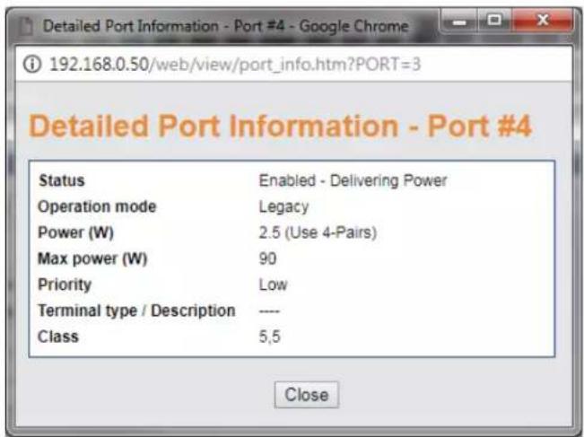 Detailed Port Information - Port #4 - Google Chrome 192.168.0.50/web/view/port_info.htm?PORT=3 Detailed Port Information - Port #4 Status Enabled - Delivering Power Operation mode Legacy Power (W) 2.5 (Use 4-Pairs) Max power (W) 90 Priority.Low Terminal type / Description ---- Class 5,5 Close