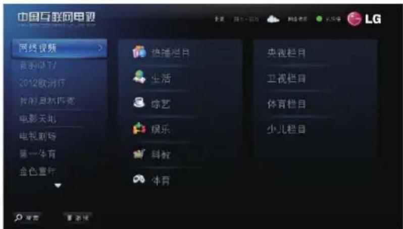 中国互联网电视 网络视频 我的视频 2012欧洲环 我的芒果环壳 电影天坛 电视剧场 第一体育 金色童年 热播栏目 生活 综艺 娱乐 科技 体育 央视栏目 卫视栏目 体育栏目 少儿栏目
