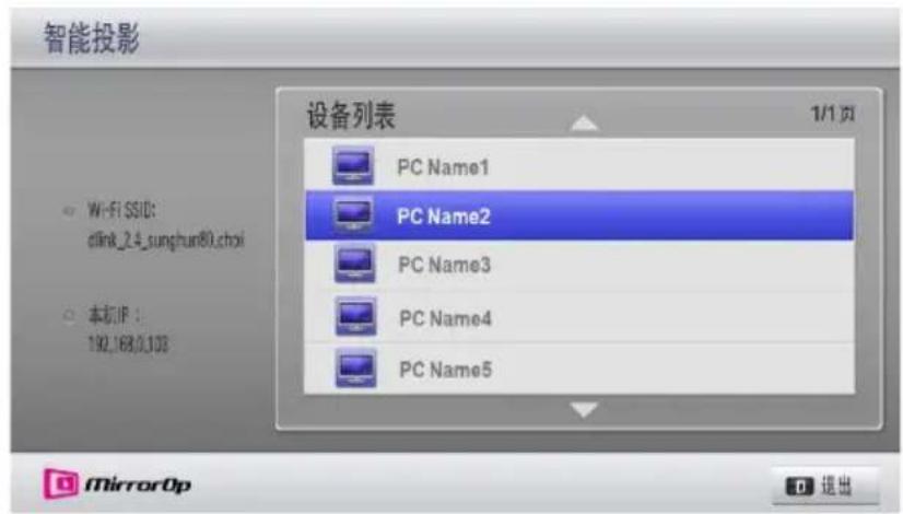 智能投影 设备列表 1/1 页 PC Name1 PC Name2 PC Name3 PC Name4 PC Name5 W-Fi SSID: dlink_2.4_sunghur@0Lchoi 本机JF : 192.168.0.103 fMirrorOp 退出