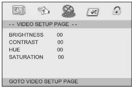 -- VIDEO SETUP PAGE -- BRIGHTNESS 00 CONTRAST 00 HUE 00 SATURATION 00 GOTO VIDEO SETUP PAGE