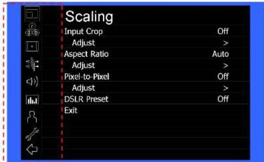 Scaling Input Crop Off Adjust > Aspect Ratio Auto Adjust > Pixel-to-Pixel Off Adjust > DSLR Preset Off Exit
