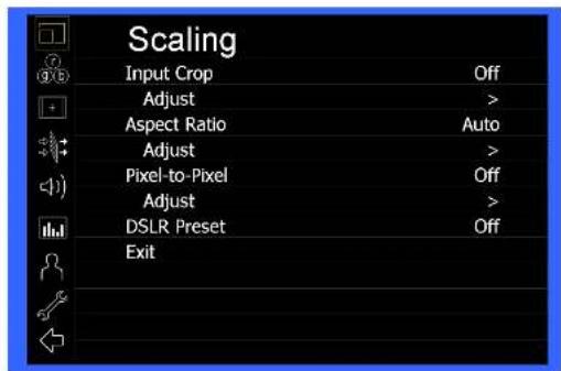 Scaling Input Crop Off Adjust > Aspect Ratio Auto Adjust > Pixel-to-Pixel Off Adjust > DSLR Preset Off Exit