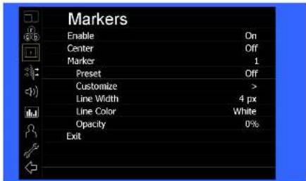 Markers Enable On Center Off Marker 1 Preset Off Customize > Line Width 4 px Line Color White Opacity 0% Exit
