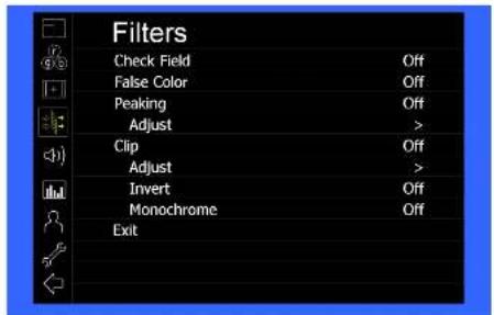 Filters Check Field Off False Color Off Peaking Off Adjust > Clip Off Adjust > Invert Off Monochrome Off Exit