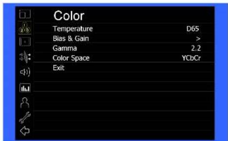 Color Temperature D65 Bias & Gain > Gamma 2.2 Color Space YCbCr Exit