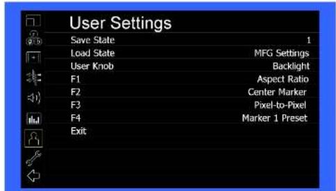 User Settings Save State 1 Load State MFG Settings User Knob Backlight F1 Aspect Ratio F2 Center Marker F3 Pixel-to-Pixel F4 Marker 1 Preset Exit