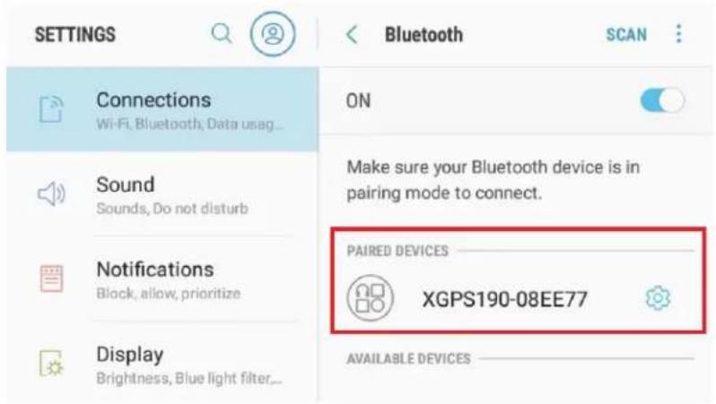 SETTINGS ON Bluetooth SCAN Connections Wi-Fi, Bluetooth, Data usag... Sound Sounds, Do not disturb Notifications Block, allow, prioritize Display Brightness, Blue light filter... Make sure your Bluetooth device is in pairing mode to connect. PAIRED DEVICES XGPS190-08EE77 AVAILABLE DEVICES