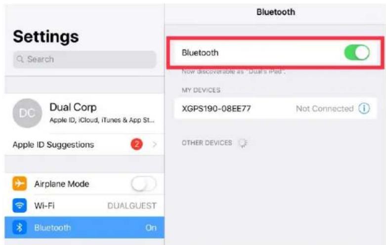 Settings Search Dual Corp Apple ID, iCloud, iTunes & App St... Apple ID Suggestions Airplane Mode Wi-Fi DUALGUEST Bluetooth Bluetooth Now discoverable as "Dual's iPad." MY DEVICES XGPS190-08EE77 Not Connected OTHER DEVICES On