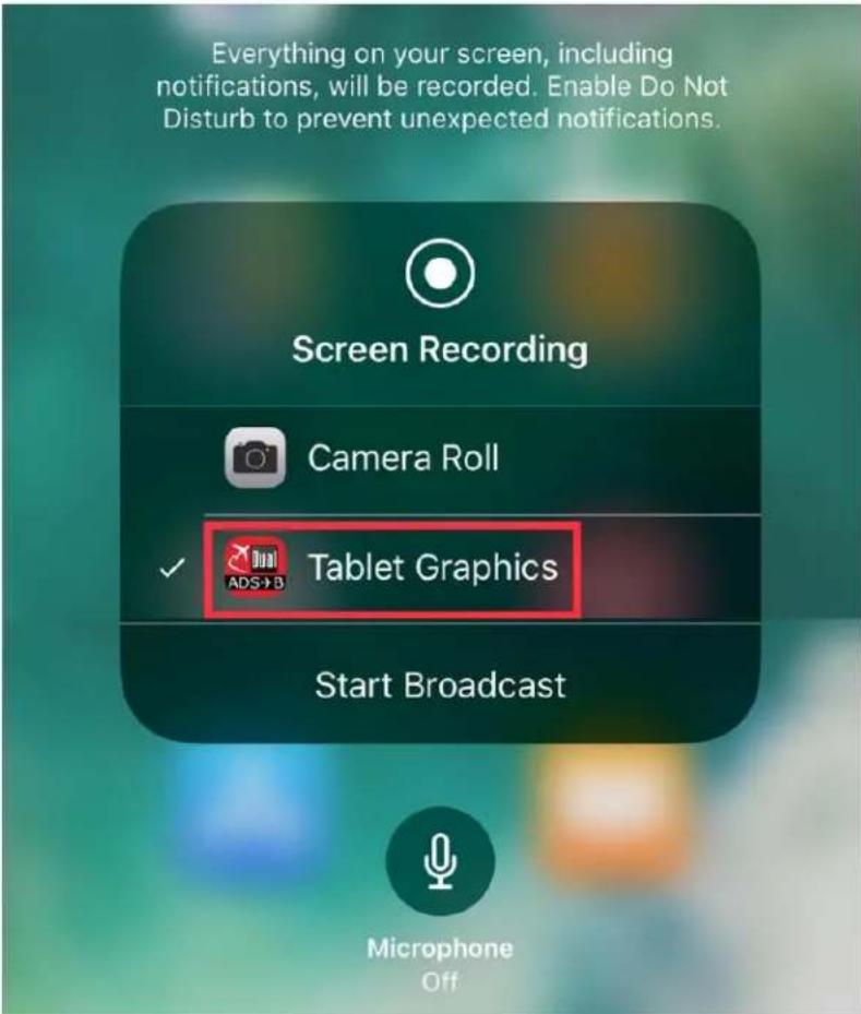 Everything on your screen, including notifications, will be recorded. Enable Do Not Disturb to prevent unexpected notifications. Screen Recording Camera Roll ✓ Tablet Graphics Start Broadcast Microphone Off