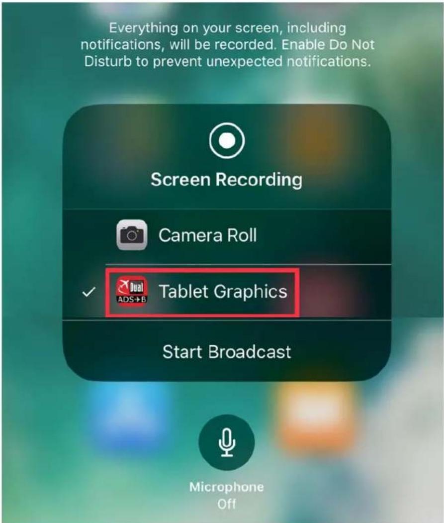 Everything on your screen, including notifications, will be recorded. Enable Do Not Disturb to prevent unexpected notifications. Screen Recording Camera Roll ✓ Tablet Graphics Start Broadcast Microphone Off