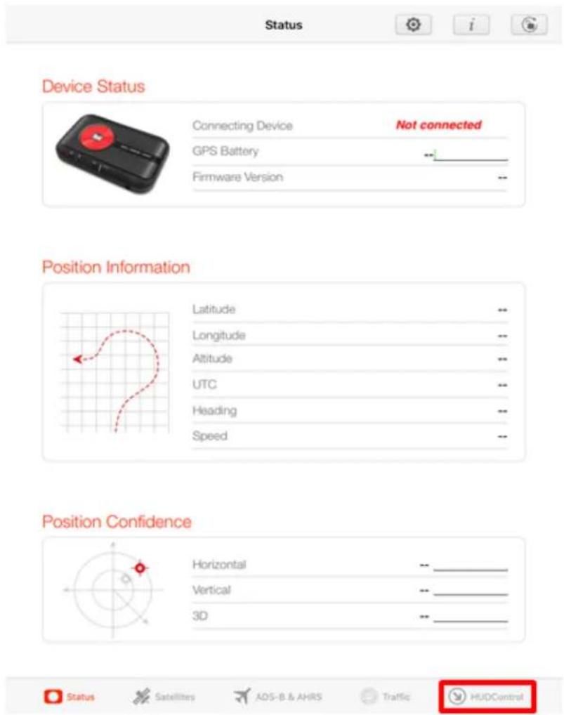 Status Device Status Connecting Device Not connected GPS Battery Firmware Version Position Information Latitude -- Longitude -- Altitude -- UTC -- Heading -- Speed -- Position Confidence Horizontal -- Vertical -- 3D -- Status Satellites ADS-B & AHRS Traffic HUDControl