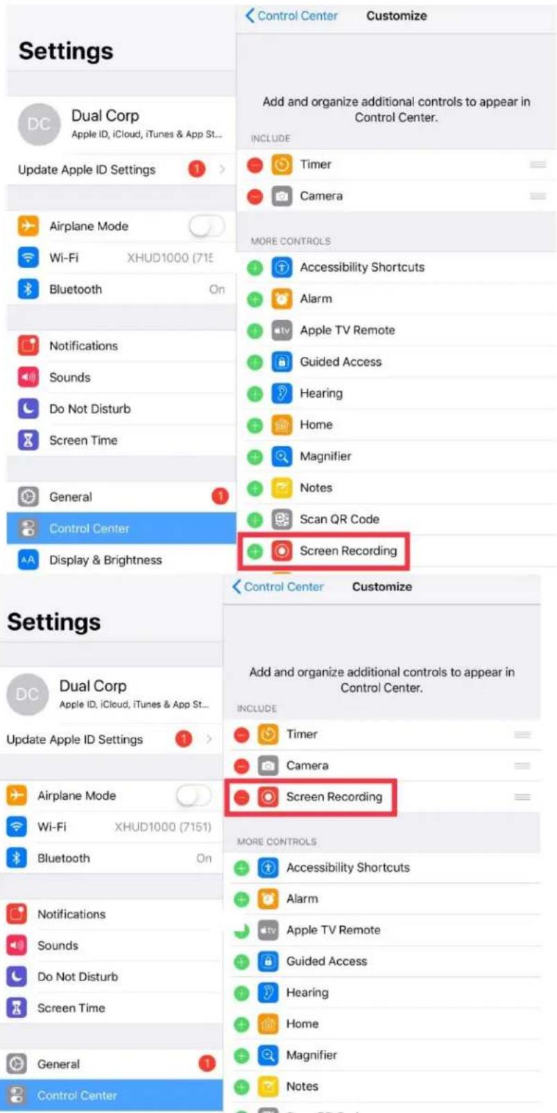 Settings Dual Corp Apple ID, iCloud, iTunes & App St... Update Apple ID Settings 1 > Airplane Mode Wi-Fi XHUD1000 (71E) Bluetooth On Notifications Sounds Do Not Disturb Screen Time General 1 Control Center Display & Brightness More Controls Accessibility Shortcuts Alarm Apple TV Remote Guided Access Hearing Home Magnifier Notes Scan QR Code Screen Recording Control Center Customize Add and organize additional controls to appear in Control Center. INCLUDE Timer Camera Control Center Customize Add and organize additional controls to appear in Control Center. INCLUDE Timer Camera Screen Recording More Controls Accessibility Shortcuts Alarm Apple TV Remote Guided Access Hearing Home Magnifier Notes