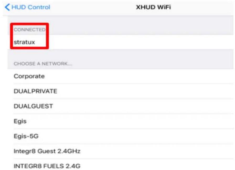 HUD Control XHUD WiFi CONNECTED stratux CHOOSE A NETWORK... Corporate DUALPRIVATE DUALGUEST Egis Egis-5G Integr8 Guest 2.4GHz INTEGR8 FUELS 2.4G