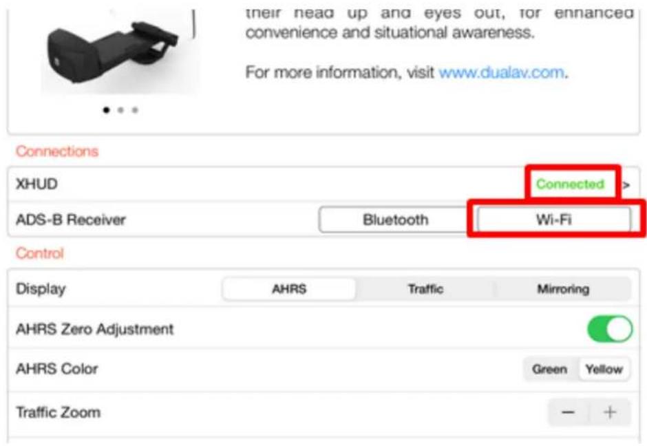 their head up and eyes out, for enhanced convenience and situational awareness. For more information, visit www.dualav.com. Connections XHUD Connected > ADS-B Receiver Bluetooth Wi-Fi Control Display AHRS Traffic Mirroring AHRS Zero Adjustment AHRS Color Green Yellow Traffic Zoom - +