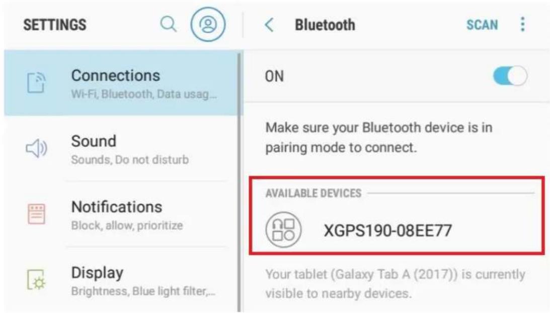 SETTINGS ON Make sure your Bluetooth device is in pairing mode to connect. AVAILABLE DEVICES XGPS190-08EE77 Your tablet (Galaxy Tab A (2017)) is currently visible to nearby devices.