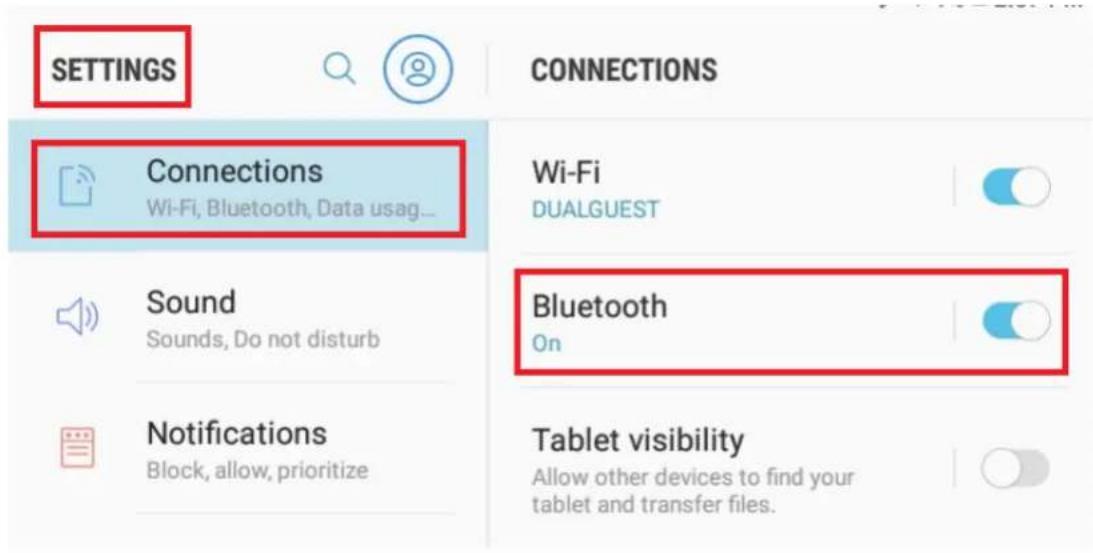 SETTINGS Connections Wi-Fi, Bluetooth, Data usag... Wi-Fi DUALGUEST Sound Sounds, Do not disturb Bluetooth On Notifications Block, allow, prioritize Tablet visibility Allow other devices to find your tablet and transfer files.