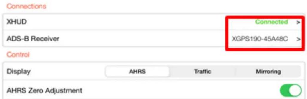 Connections XHUD Connected > ADS-B Receiver XGPS190-45A48C > Control Display AHRS Traffic Mirroring AHRS Zero Adjustment
