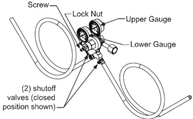 Screw Lock Nut Upper Gauge Lower Gauge (2) shutoff valves (closed position shown)