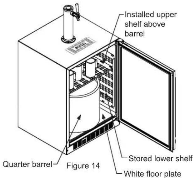 Installed upper shelf above barrel Quarter barrel Figure 14 Stored lower shelf White floor plate
