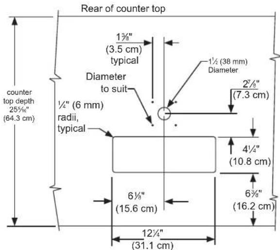 Rear of counter top 1¾" (3.5 cm) typical Diameter to suit ½" (6 mm) radii, typical 1½ (38 mm) Diameter 2¾" (7.3 cm) 4¼" (10.8 cm) 6¾" (15.6 cm) 6¾" (16.2 cm) 12¼" (31.1 cm) counter top depth 25¾" (64.3 cm)