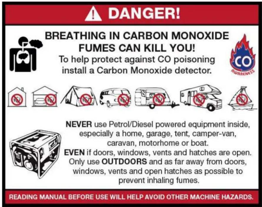 DANGER! BREATHING IN CARBON MONOXIDE FUMES CAN KILL YOU! To help protect against CO poisoning install a Carbon Monoxide detector. NEVER use Petrol/Diesel powered equipment inside, especially a home, garage, tent, camper-van, caravan, motorhome or boat. EVEN if doors, windows, vents and hatches are open. Only use OUTDOORS and as far away from doors, windows, vents and open hatches as possible to prevent inhaling fumes. READING MANUAL BEFORE USE WILL HELP AVOID OTHER MACHINE HAZARDS.
