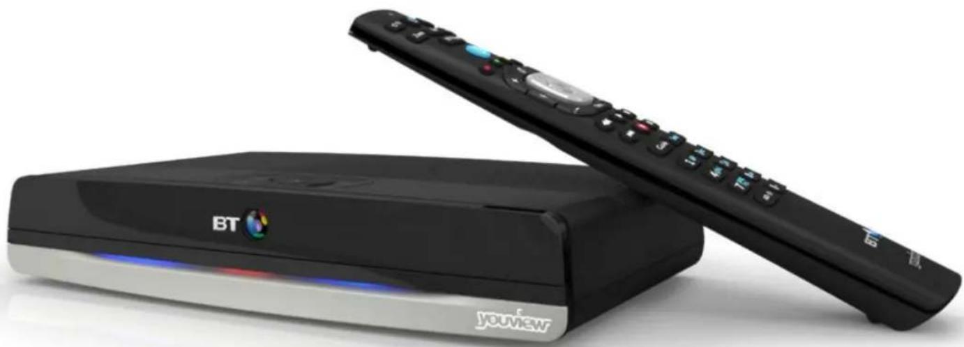 Exterior view of a black BT TV box and a black remote control unit (no signage or text visible on the device itself)