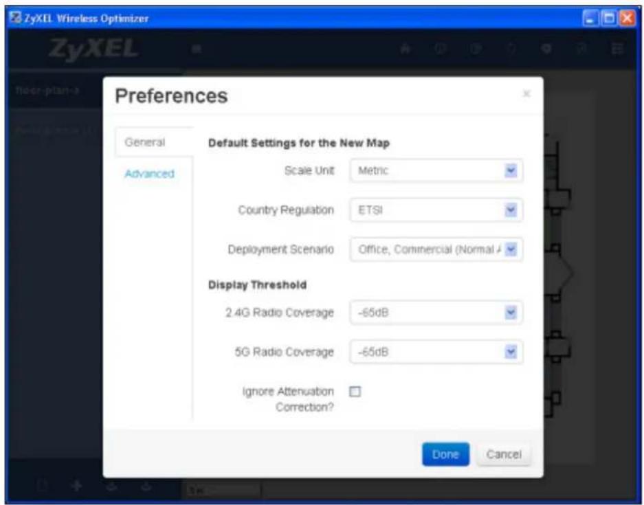 ZyXEL Wireless Optimizer ZyXEL Preferences General Advanced Default Settings for the New Map Scale Unit Metric Country Regulation ETSI Deployment Scenario Office, Commercial (Normal J Display Threshold 2.4G Radio Coverage -65dB 5G Radio Coverage -65dB Ignore Attenuation Correction? Done Cancel
