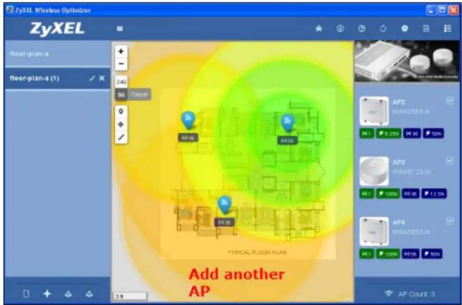 ZyXEL Wireless Optimizer ZyXEL floor-plan-a floor-plan-a (1) + - 2.45 SG Cancel AP2 N/A3355-H H1 0.25% H6 50% AP3 N/A3:23-H H1 100% H9 8% 12.5% AP4 N/A3355-H H1 100% H9 5% 50% TYPICAL FLOOR PLAN Add another AP AP Count 3