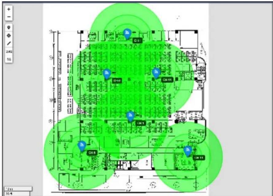 Floor plan diagram with labeled rooms and green circular overlays indicating areas of interest