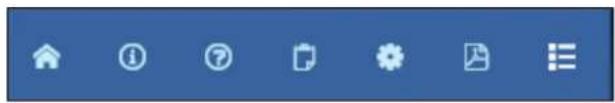 Blue toolbar with white icons representing home, navigation, document, gear, file, and menu items