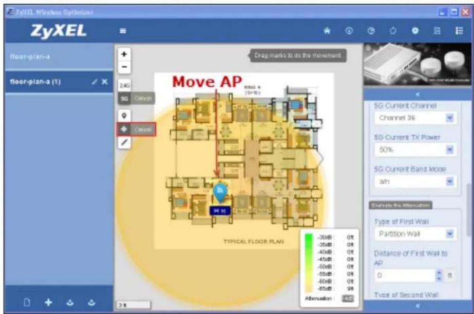 ZyXEL Wireless Optimizer ZyXEL floor-plan-a floor-plan-a (1) + - 24G 5G Cancel Move AP RSD A (3+16) Cancel 5G Current Channel Channel 36 5G Current TX Power 50% 5G Current Band Mode sh TYPICAL FLOOR PLAN -30dB: 0ft -35dB: 0ft -40dB: 0ft -45dB: 0ft -50dB: 0ft -55dB: 0ft -60dB: 0ft -65dB: 0ft Attenuation: Alternate the Attenuation Type of First Wall Partition Wall Distance of First Wall to AP 0 ft Type of Second Wall