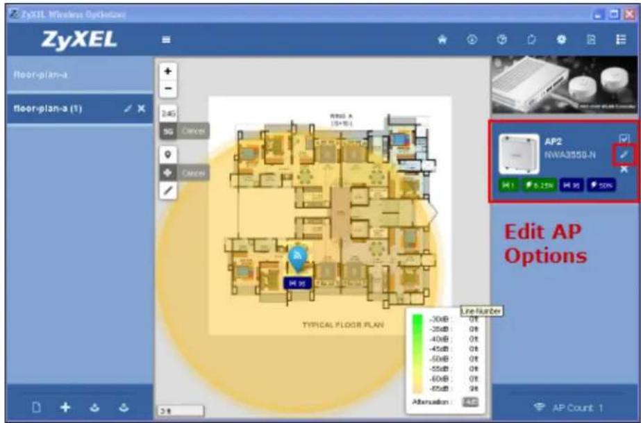 ZyXEL Wireless Options ZyXEL floor-plan-a floor-plan-a (1) + - 245 SG Cancel Cancel AP2 NWA3558-N Edit AP Options TYPICAL FLOOR PLAN Line Number -30dB: 0% -35dB: 0% -40dB: 0% -45dB: 0% -50dB: 0% -55dB: 0% -60dB: 0% -65dB: 0% Alteration: AP AP Count: 1