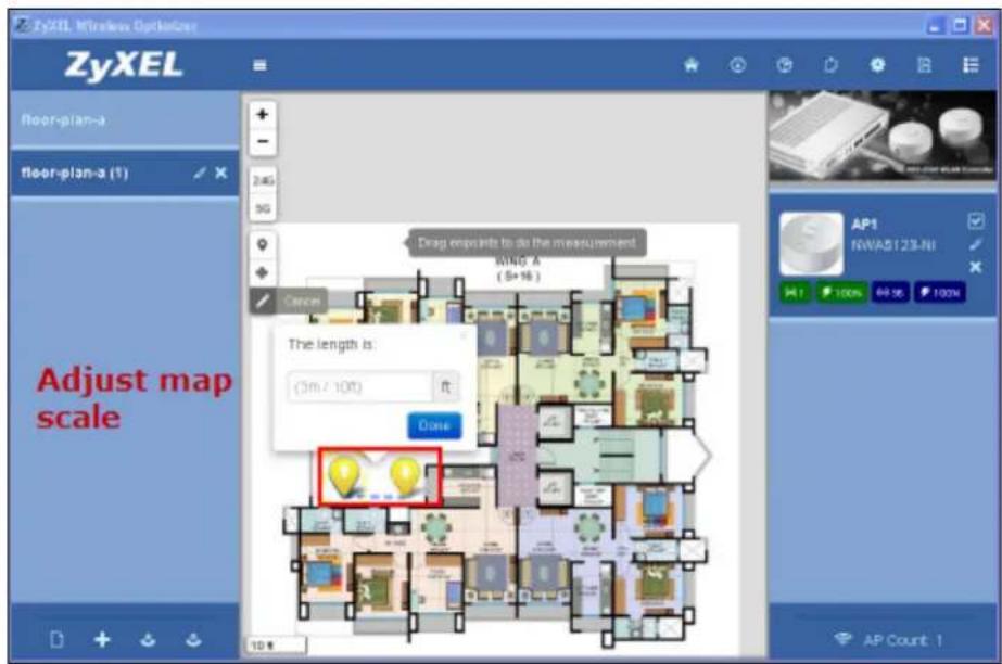 ZyXEL Wireless OptionsUser ZyXEL floor-plan-a floor-plan-a (1) + - 24G 5G Drop expoints to do the measurement WING A (5+16) Cancel The length is: (3m / 10ft) ft Done Adjust map scale AP1 KWAS123-NI H1 100% 64 SE 100% AP Count: 1