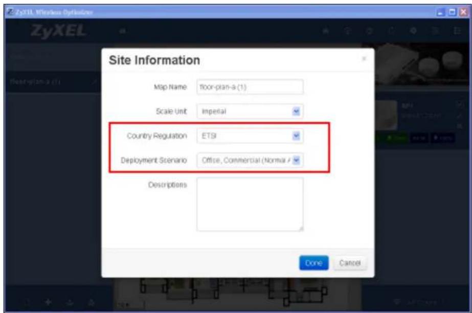 Site Information Map Name: Floor-plan-a (1) Scale Unit: Imperial Country Regulation: ETSI Deployment Scenario: Office, Commercial (Normal F Descriptions: Done Cancel